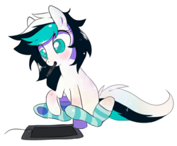 Size: 1037x854 | Tagged: safe, artist:sorasku, oc, oc only, oc:cruton, earth pony, pony, clothes, colored pupils, female, mare, mouth hold, simple background, socks, solo, striped socks, tablet, transparent background