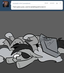 Size: 666x761 | Tagged: safe, artist:egophiliac, princess luna, oc, oc:frolicsome meadowlark, oc:sunshine smiles (egophiliac), bat pony, pony, moonstuck, g4, ask, cartographer's cap, eyepatch, filly, grayscale, hat, monochrome, perfect landing, pony pile, tumblr, woona, woonoggles, younger