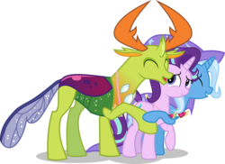 Size: 9500x6922 | Tagged: safe, artist:limedazzle, starlight glimmer, thorax, trixie, changedling, pony, celestial advice, g4, absurd resolution, cape, clothes, cute, equestrian pink heart of courage, hat, hug, king thorax, show accurate, simple background, smiling, thorabetes, transparent background, trixie's cape, trixie's hat, vector