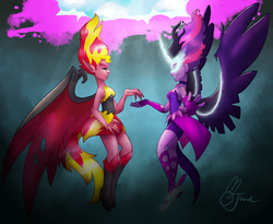 Size: 1280x1051 | Tagged: safe, artist:croquines, sci-twi, sunset shimmer, twilight sparkle, equestria girls, g4, my little pony equestria girls: friendship games, boots, clothes, dimensional cracks, duo, duo female, female, fingerless gloves, gloves, glowing horn, high heel boots, horn, looking at each other, midnight sparkle, midnightsatan, signature, smiling, sunset satan, wings