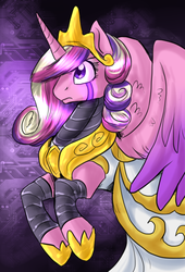 Size: 802x1180 | Tagged: safe, artist:not-ordinary-pony, princess cadance, alicorn, pony, g4, armor, clothes, crown, dress, female, glowing eyes, jewelry, raised hoof, regalia, serious, serious face, solo
