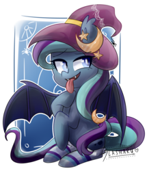 Size: 1024x1176 | Tagged: safe, artist:slasharu, oc, oc only, oc:witch hunt, bat pony, pony, clothes, female, hat, mare, sitting, socks, solo, striped socks, tongue out, witch hat