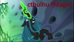 Size: 1024x576 | Tagged: safe, edit, edited screencap, screencap, queen chrysalis, changeling, changeling queen, g4, to where and back again, cocoon, cthulhu, cthulhu mythos, cthulu fh'tagn, female, glowing horn, horn, lovecraft, solo