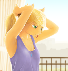 Size: 1421x1479 | Tagged: safe, artist:shiropoint, applejack, earth pony, anthro, g4, clothes, female, freckles, implied lesbian, implied rarijack, implied shipping, jewelry, mouth hold, necklace, ponytail, scrunchie, solo, tank top, tying hair