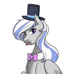 Size: 1024x1118 | Tagged: safe, artist:varshacoro, oc, oc only, oc:nidra, pegasus, pony, bowtie, female, hat, mare, solo, tongue out, top hat