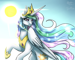 Size: 1001x801 | Tagged: safe, artist:jylaritaowo, artist:minelvi, princess celestia, alicorn, pony, g4, beautiful, collaboration, crepuscular rays, crown, digital art, ethereal mane, ethereal tail, eyelashes, eyeshadow, feather, female, flowing mane, flowing tail, folded wings, gem, glowing, hoof shoes, horn, jewelry, looking back, makeup, mare, peytral, pink eyes, rearing, regalia, signature, smiling, solo, sparkles, stars, sun, sunlight, tail, wings