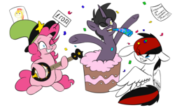 Size: 1583x1000 | Tagged: safe, artist:chibadeer, pinkie pie, oc, oc:kara, pegasus, pony, unicorn, g4, banjo, cake, clothes, confetti, cosplay, costume, crossover, female, food, happy birthday, hat, mare, musical instrument, popping out of a cake, roleplaying, russian, simple background, transparent background, wander over yonder, wander's hat