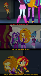 Size: 960x1750 | Tagged: safe, edit, screencap, adagio dazzle, aria blaze, sonata dusk, sunset shimmer, equestria girls, g4, my little pony equestria girls: rainbow rocks, adrian chase, arrow, prometheus, screencap comic, the dazzlings