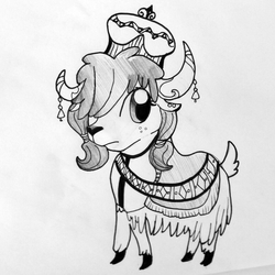 Size: 955x956 | Tagged: safe, artist:tjpones, oc, oc only, yak, cloven hooves, cute, freckles, frown, hair over one eye, hat, monochrome, solo