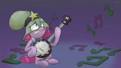 Size: 1366x768 | Tagged: safe, artist:chibadeer, pinkie pie, g4, banjo, clothes, cosplay, costume, crossover, doom, equestria is doomed, female, hat, impending doom, mask, music notes, musical instrument, oh no, parody, pinkamena diane pie, reference, roleplaying, show reference, solo, song parody, song reference, string break, superhero, the boy wander, this will not end well, uh oh, wander over yonder, wander over yonder reference, wander's hat, we're all doomed, weak, xk-class end-of-the-world scenario, you monster