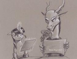 Size: 1500x1165 | Tagged: safe, artist:baron engel, discord, twilight sparkle, draconequus, pony, g4, duo, facial hair, glowing horn, goatee, headset, horn, looking at each other, magic, microphone, monochrome, paper, pencil drawing, script, sketch, smiling, traditional art