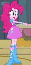 Size: 412x855 | Tagged: safe, pinkie pie, equestria girls, g4, my little pony equestria girls, balloon, boots, bracelet, clothes, cute, female, high heel boots, jewelry, pointing, pumpkin, skirt, solo
