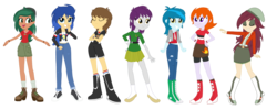 Size: 4096x1626 | Tagged: safe, artist:mlprocker123, flash sentry, heath burns, indigo wreath, normal norman, teddy t. touchdown, thunderbass, timber spruce, equestria girls, g4, alternate universe, background human, blu lightning, clothes, compression shorts, equestria guys, eyes closed, female, flare warden, forest pine, grin, high res, jacket, looking at you, male, normal norma, rule 63, shoes, shorts, simple background, skirt, smiling, socks, transparent background