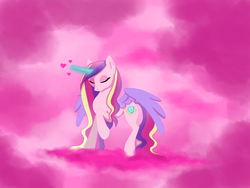 Size: 1600x1200 | Tagged: safe, artist:serra20, princess cadance, alicorn, pony, g4, beautiful, eyes closed, female, glowing horn, heart, horn, magic, pink, raised hoof, solo, spread wings