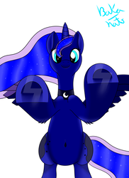 Size: 2550x3507 | Tagged: safe, artist:bakanato, princess luna, alicorn, pony, g4, against glass, belly button, bipedal, female, fourth wall, glass, high res, hind legs, looking at you, simple background, smiling, solo, underhoof