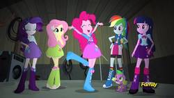 Size: 1280x720 | Tagged: safe, screencap, fluttershy, pinkie pie, rainbow dash, rarity, spike, twilight sparkle, dog, equestria girls, g4, my little pony equestria girls: rainbow rocks, balloon, boots, bowtie, bracelet, clothes, compression shorts, cute, discovery family logo, eyes closed, high heel boots, jewelry, leg warmers, open mouth, raised leg, shoes, skirt, spike the dog, wristband