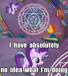 Size: 1280x1440 | Tagged: safe, edit, edited screencap, screencap, starlight glimmer, sunburst, pony, unicorn, celestial advice, g4, book, caption, duo, female, glasses, i have no idea what i'm doing, magic, magic circle, male, mare, overhead view, smiling, stallion, summoning circle, text, what could possibly go wrong