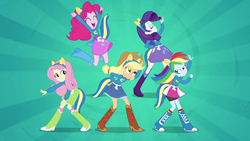 Size: 1920x1080 | Tagged: safe, screencap, applejack, fluttershy, pinkie pie, rainbow dash, rarity, equestria girls, g4, balloon, boots, clothes, compression shorts, cowboy boots, cowboy hat, denim skirt, eyes closed, female, hat, helping twilight win the crown, high heel boots, humane five, implied princess twilight, implied twilight sparkle, jewelry, jumping, mane six, open mouth, skirt, socks, stetson, wondercolts, wondercolts uniform