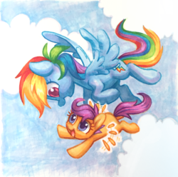 Size: 1876x1861 | Tagged: safe, artist:dawnfire, rainbow dash, scootaloo, pegasus, pony, blank flank, cloud, cute, cutealoo, female, filly, flapping, flapping wings, flying, foal, looking at each other, looking at someone, mare, open mouth, open smile, scootaloo can fly, scootalove, sky, smiling, spread wings, wings