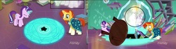 Size: 794x223 | Tagged: safe, screencap, princess celestia, spike, starlight glimmer, sunburst, twilight sparkle, alicorn, dragon, pony, unicorn, celestial advice, g4, adventure in the comments, black hole, cape, clothes, duo, female, imminent death, magic, male, mare, stallion, twilight sparkle (alicorn), vision