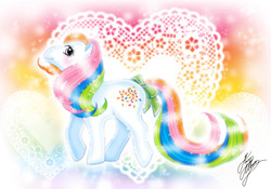 Size: 794x556 | Tagged: safe, artist:marco albiero, confetti (g1), pony, g1, bow, female, rainbow ponies, solo, tail bow