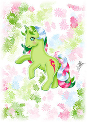 Size: 405x567 | Tagged: safe, artist:marco albiero, mimic (g1), pony, twinkle eyed pony, unicorn, g1, bow, female, solo, tail bow