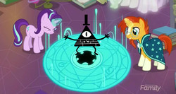 Size: 1024x543 | Tagged: safe, edit, edited screencap, screencap, princess celestia, spike, starlight glimmer, sunburst, twilight sparkle, alicorn, dragon, pony, unicorn, celestial advice, g4, season 7, bill cipher, end of the world, gravity falls, male, stallion, twilight sparkle (alicorn), xk-class end-of-the-world scenario