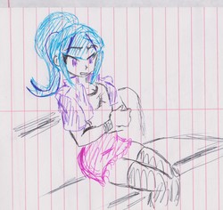 Size: 1639x1544 | Tagged: safe, artist:elgatosabio, sonata dusk, equestria girls, g4, bench, breasts, cleavage, clothes, female, lined paper, ponytail, sad, skirt, socks, solo, thigh highs, traditional art, zettai ryouiki