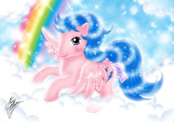 Size: 800x560 | Tagged: safe, artist:marco albiero, firefly, pegasus, pony, g1, bow, cloud, female, rainbow, solo, tail bow