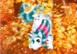 Size: 800x560 | Tagged: safe, artist:marco albiero, gusty, pony, unicorn, g1, autumn, bow, female, leaves, solo, tail bow