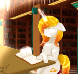 Size: 1024x970 | Tagged: safe, artist:php146, oc, oc only, pony, unicorn, book, eye clipping through hair, female, glowing eyes, library, magic, mare, solo