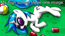 Size: 1600x900 | Tagged: safe, artist:johnjoseco, dj pon-3, vinyl scratch, pony, unicorn, g4, ball, beach ball, caption, cup, drunk, female, grass, katy perry, last friday night (t.g.i.f.), lying down, mare, on side, open mouth, passed out, plastic cup, red solo cup, sleeping, solo, song reference, sunglasses