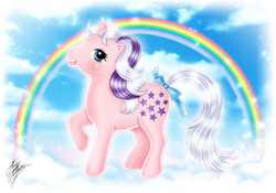 Size: 397x278 | Tagged: safe, artist:marco albiero, twilight, pony, unicorn, g1, bow, female, rainbow, solo, tail bow