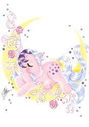 Size: 397x567 | Tagged: safe, artist:marco albiero, twilight, pony, unicorn, g1, bow, female, moon, solo, tail bow