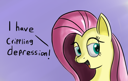 Size: 1280x814 | Tagged: safe, artist:itsthinking, fluttershy, pegasus, pony, g4, bust, depression, dialogue, female, gradient background, idubbbz, image macro, lidded eyes, meme, open mouth, portrait, simple background, smiling, solo, text
