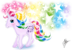 Size: 794x556 | Tagged: safe, artist:marco albiero, windy (g1), pony, unicorn, g1, bow, female, rainbow ponies, solo, tail bow