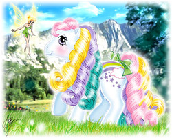 Size: 567x454 | Tagged: safe, artist:marco albiero, raincurl, fairy, pony, g1, bow, rainbow curl pony, tail bow, tinkerbell