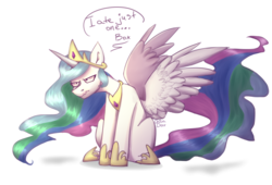 Size: 1008x686 | Tagged: safe, artist:chibadeer, princess celestia, alicorn, pony, g4, dialogue, female, grumpy, simple background, sitting, solo, spread wings, wavy mouth, white background