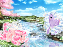 Size: 761x567 | Tagged: safe, artist:marco albiero, forget-me-not, honeysuckle, flutter pony, pony, g1, bow, duo, tail bow