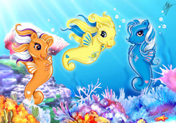 Size: 567x397 | Tagged: safe, artist:marco albiero, oc, oc only, sea pony, bubble, coral, trio, underwater, water