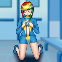 Size: 1200x1200 | Tagged: safe, artist:focusb, rainbow dash, human, g4, clothes, cute, female, humanized, locker room, looking at you, midriff, phone, selfie, smartphone, smiling, solo