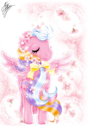 Size: 556x794 | Tagged: safe, artist:marco albiero, locket (g1), pegasus, pony, g1, bow, eyes closed, female, solo, tail bow