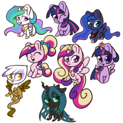 Size: 5000x5000 | Tagged: safe, artist:cleoziep, gilda, princess cadance, princess celestia, princess luna, queen chrysalis, twilight sparkle, alicorn, changeling, changeling queen, griffon, pony, unicorn, g4, absurd resolution, chibi, eyes closed, female, flying, lidded eyes, looking at you, one eye closed, raised hoof, simple background, sitting, spread wings, teen princess cadance, transparent background, twilight sparkle (alicorn), wink