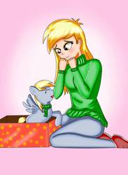 Size: 1100x1500 | Tagged: safe, artist:focusb, derpy hooves, human, pony, g4, blushing, christmas, clothes, cute, eyes closed, human ponidox, humanized, lip bite, open mouth, pants, present, scarf, self ponidox