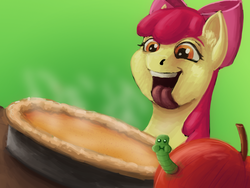 Size: 800x600 | Tagged: safe, artist:sa1ntmax, apple bloom, worm, tabun art-battle, g4, apple, apple pie, female, food, pie, solo, steam, tongue out