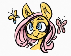 Size: 867x682 | Tagged: safe, artist:fluttershoo, fluttershy, butterfly, g4, bust, female, looking at something, looking up, portrait, simple background, smiling, solo, white background