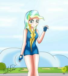 Size: 1800x2000 | Tagged: safe, artist:focusb, vapor trail, human, g4, top bolt, big breasts, busty vapor trail, clothes, cute, female, fingerless gloves, gloves, humanized, solo, uniform, wonderbolt trainee uniform