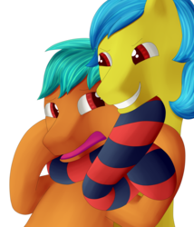 Size: 3000x3500 | Tagged: safe, artist:einboph, oc, oc only, pony, chokehold, clothes, female, grabbing, headlock, high res, male, mare, nervous, simple background, sleeper hold, smiling, socks, squeezing, stallion, stockings, striped socks, thigh highs, wrestling