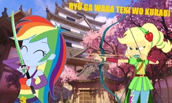 Size: 1000x600 | Tagged: safe, applejack, rainbow dash, equestria girls, g4, genji (overwatch), hanzo, overwatch