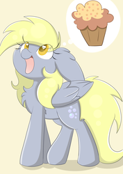 Size: 2893x4092 | Tagged: safe, artist:meowmavi, derpy hooves, pegasus, pony, g4, chest fluff, cute, derpabetes, female, floppy ears, food, happy, heart eyes, high res, looking up, mare, muffin, open mouth, simple background, solo, that pony sure does love muffins, thought bubble, wingding eyes